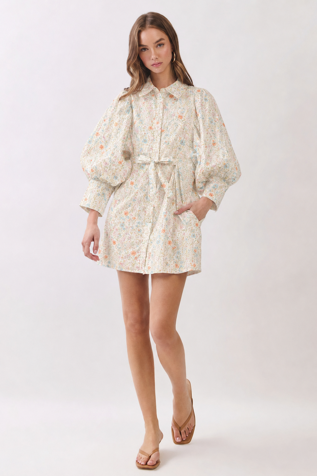 Printed Puff Sleeve Tie Waist Mini Shirt Dress REMI245-P