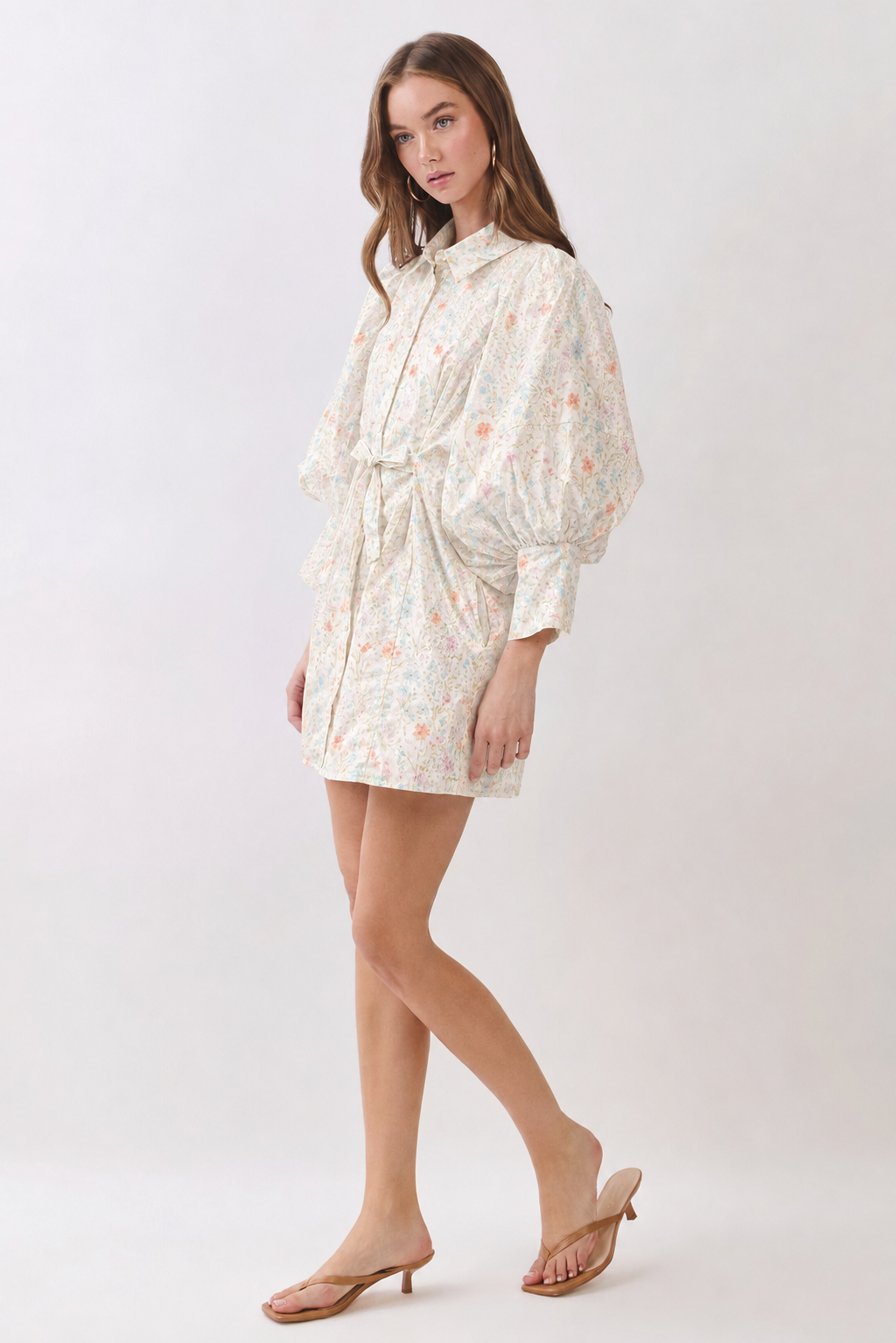 Printed Puff Sleeve Tie Waist Mini Shirt Dress REMI245-P