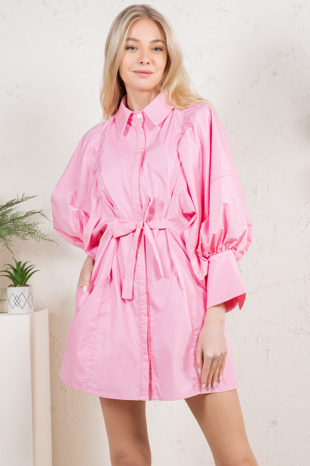 Balloon Sleeve Tie-Waist Mini Shirt Dress REMI245