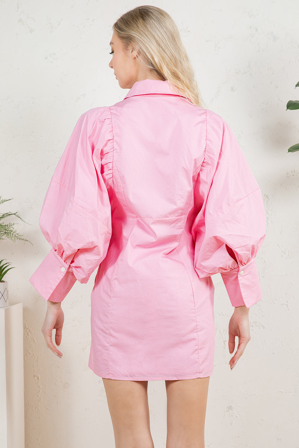 Balloon Sleeve Tie-Waist Mini Shirt Dress REMI245
