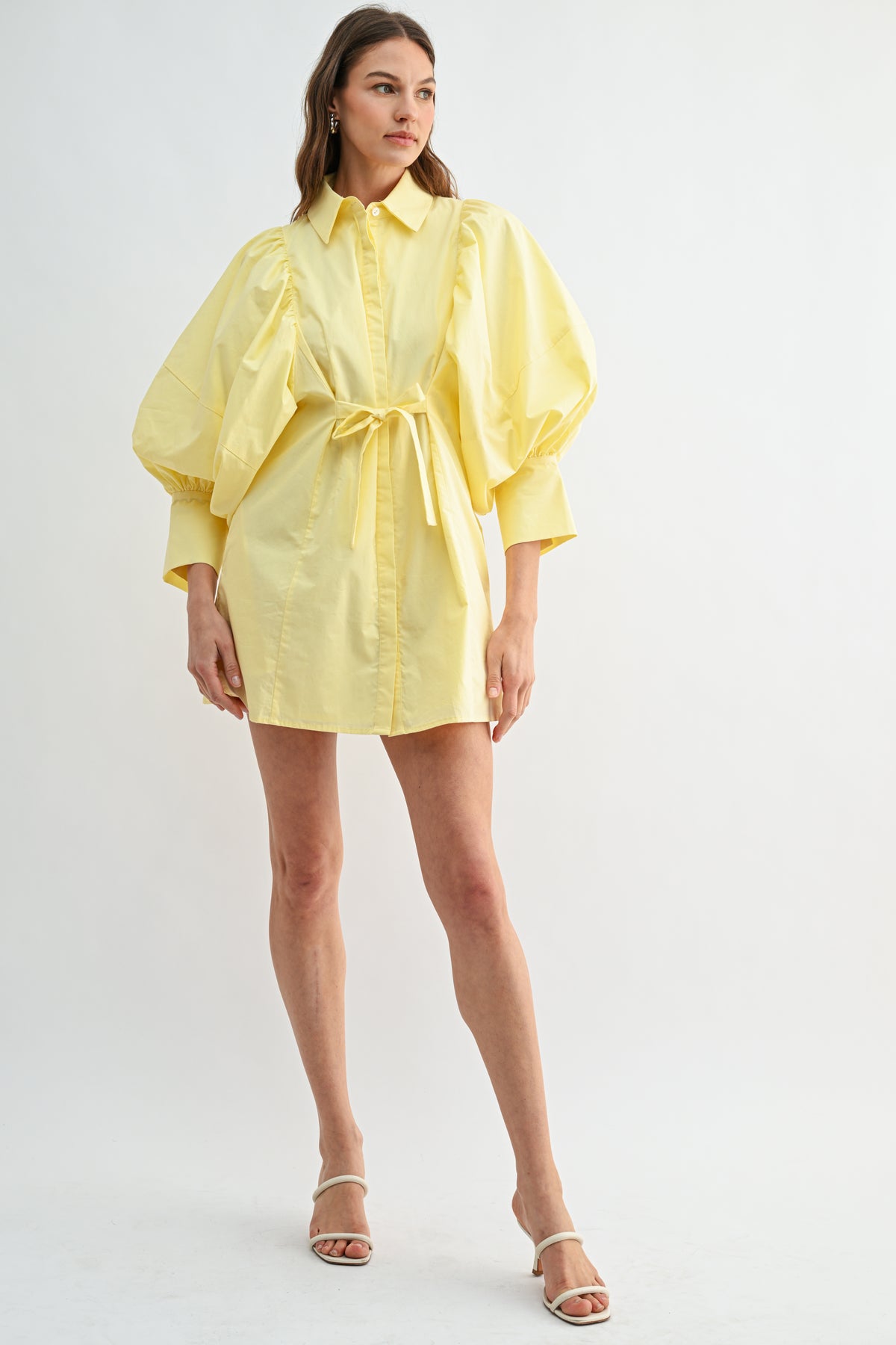 Balloon Sleeve Tie-Waist Mini Shirt Dress REMI245