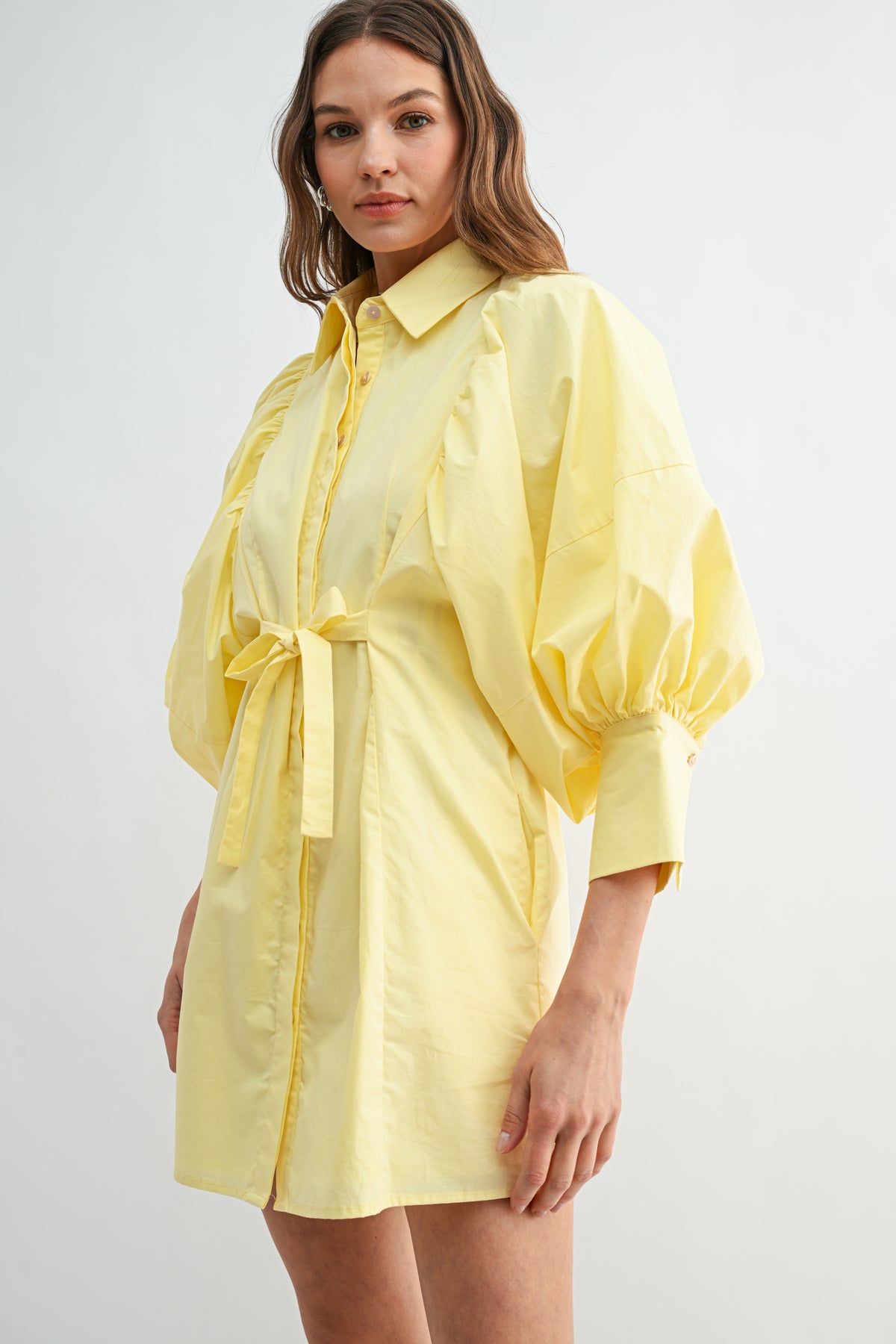 Balloon Sleeve Tie-Waist Mini Shirt Dress REMI245