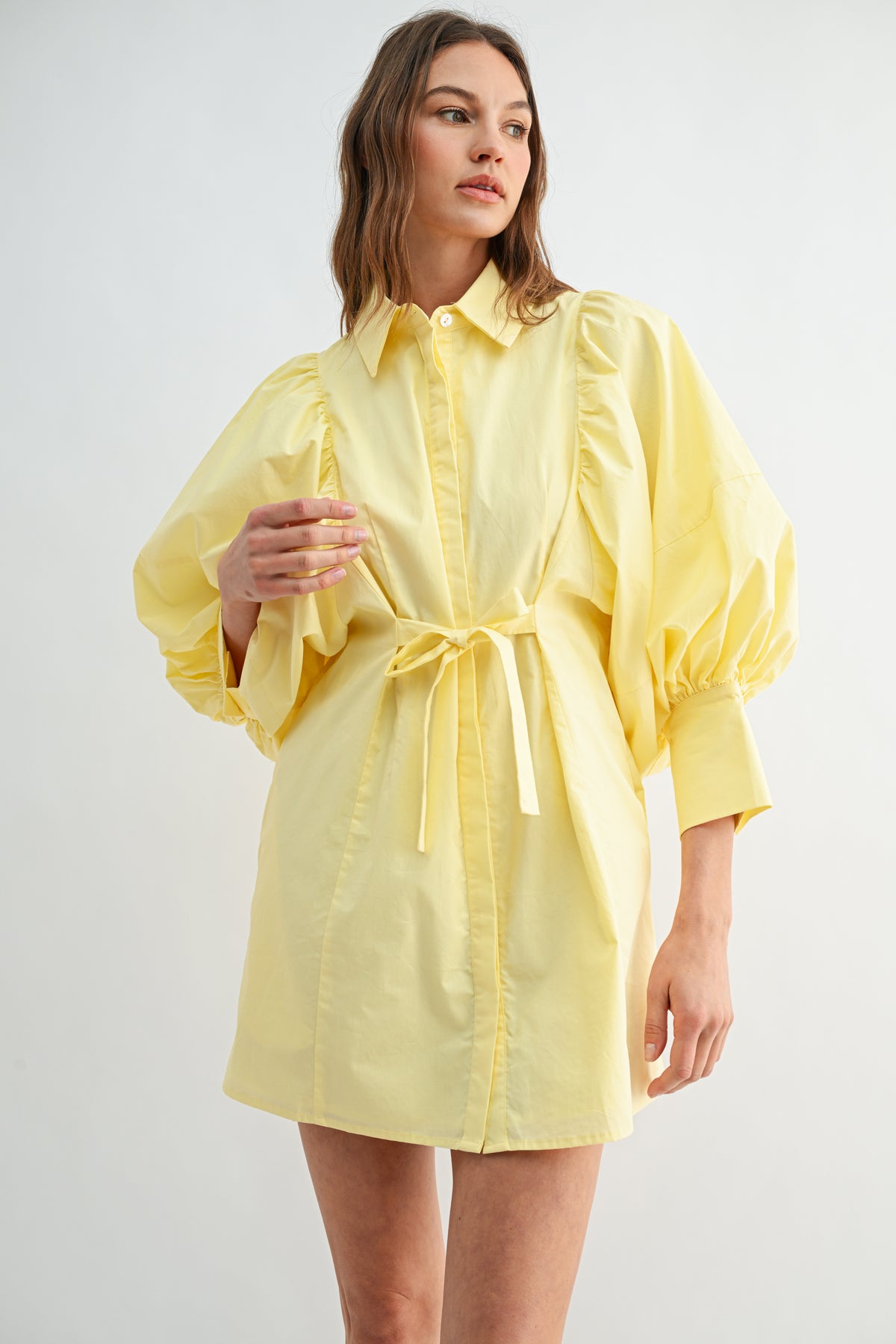Balloon Sleeve Tie-Waist Mini Shirt Dress REMI245