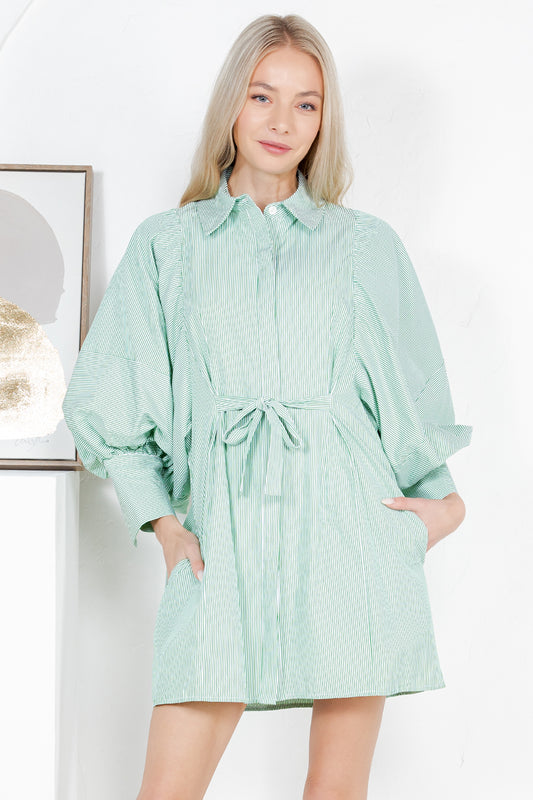 REMI245 - Statement Sleeve Mini Shirt Dress (Green with White Stripes)