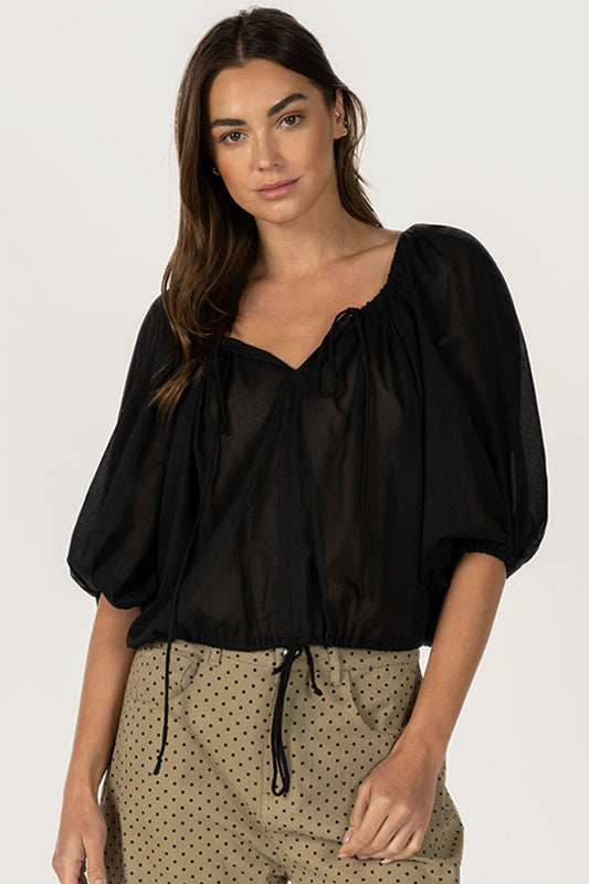 Black Puff Sleeve V-Neck Drawstring Bohemian Blouse RT166