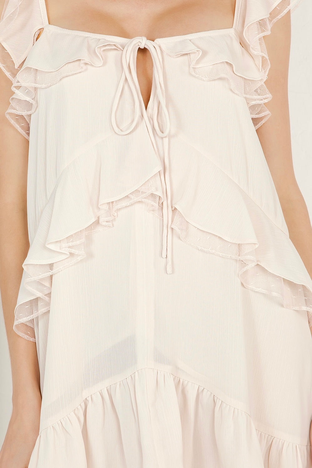 Cream Tiered Ruffle Tie-Neck Babydoll Mini Dress RD274