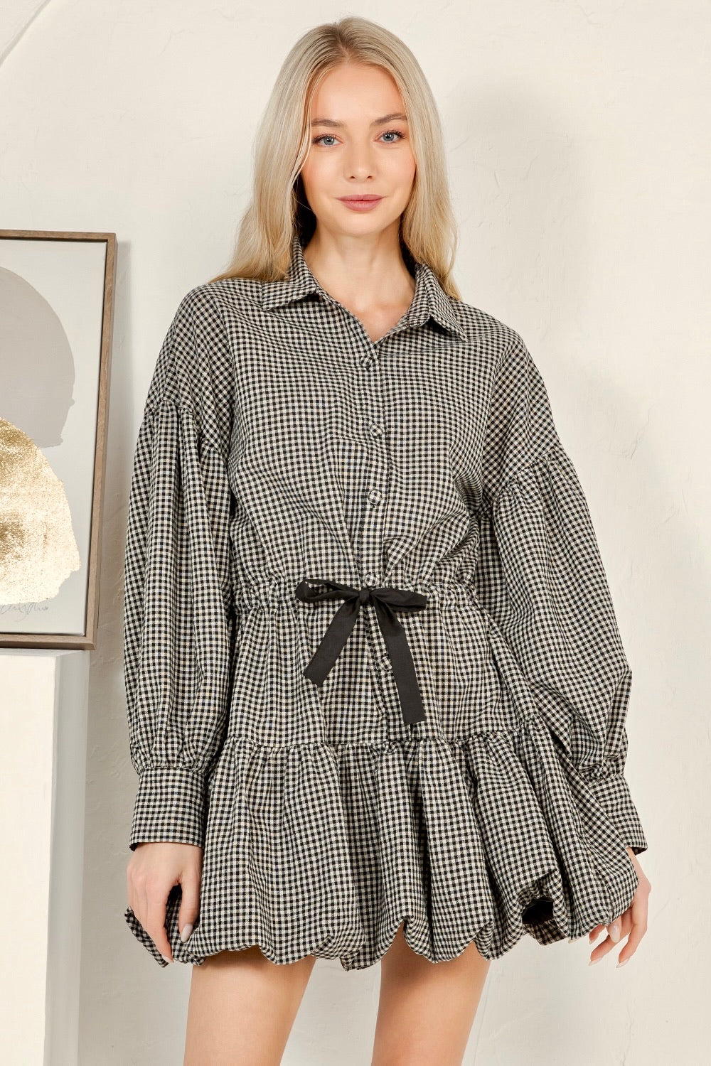 Gingham Tie-Waist Mini Dress - Puff Sleeve Shirt Dress RD281