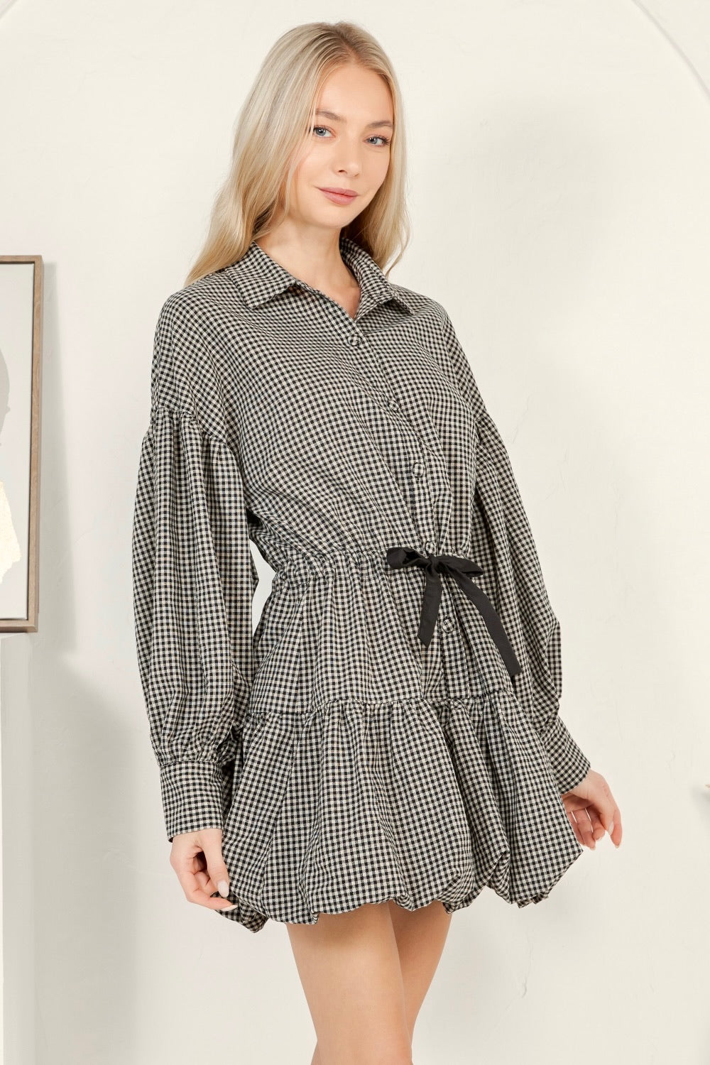 Gingham Tie-Waist Mini Dress - Puff Sleeve Shirt Dress RD281