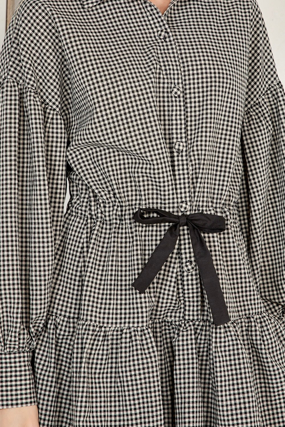 Gingham Tie-Waist Mini Dress - Puff Sleeve Shirt Dress RD281