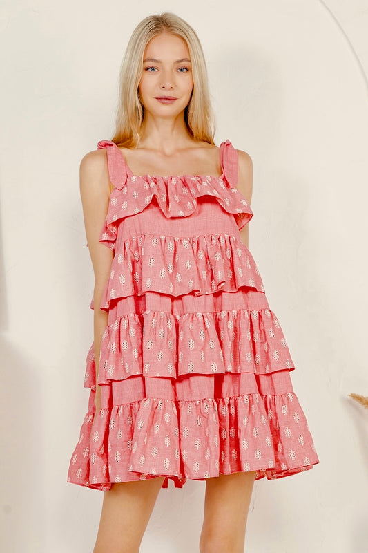 Ruffle Tired Embroidered Cotton Mini Dress