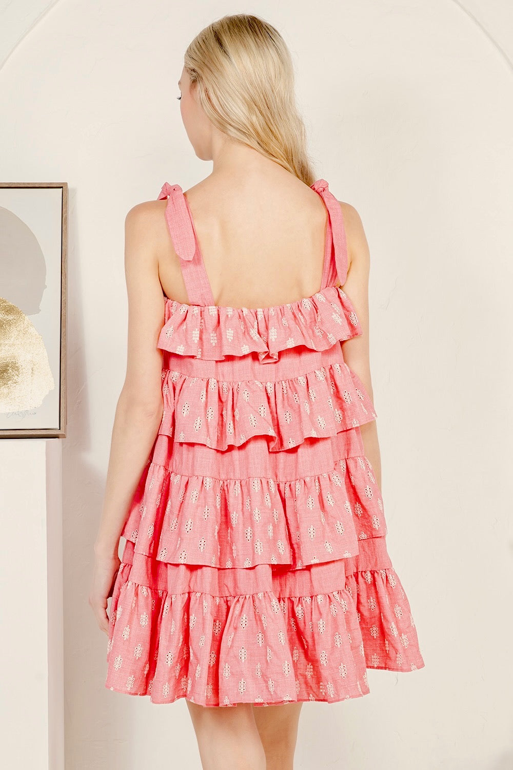 Ruffle Tired Embroidered Cotton Mini Dress
