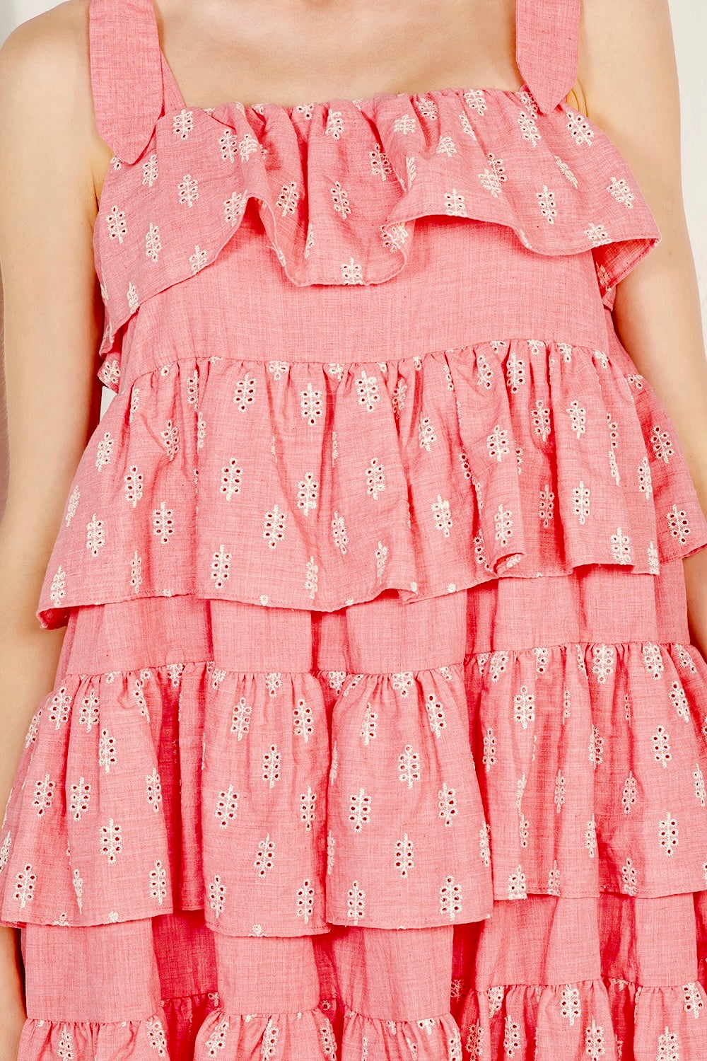 Ruffle Tired Embroidered Cotton Mini Dress