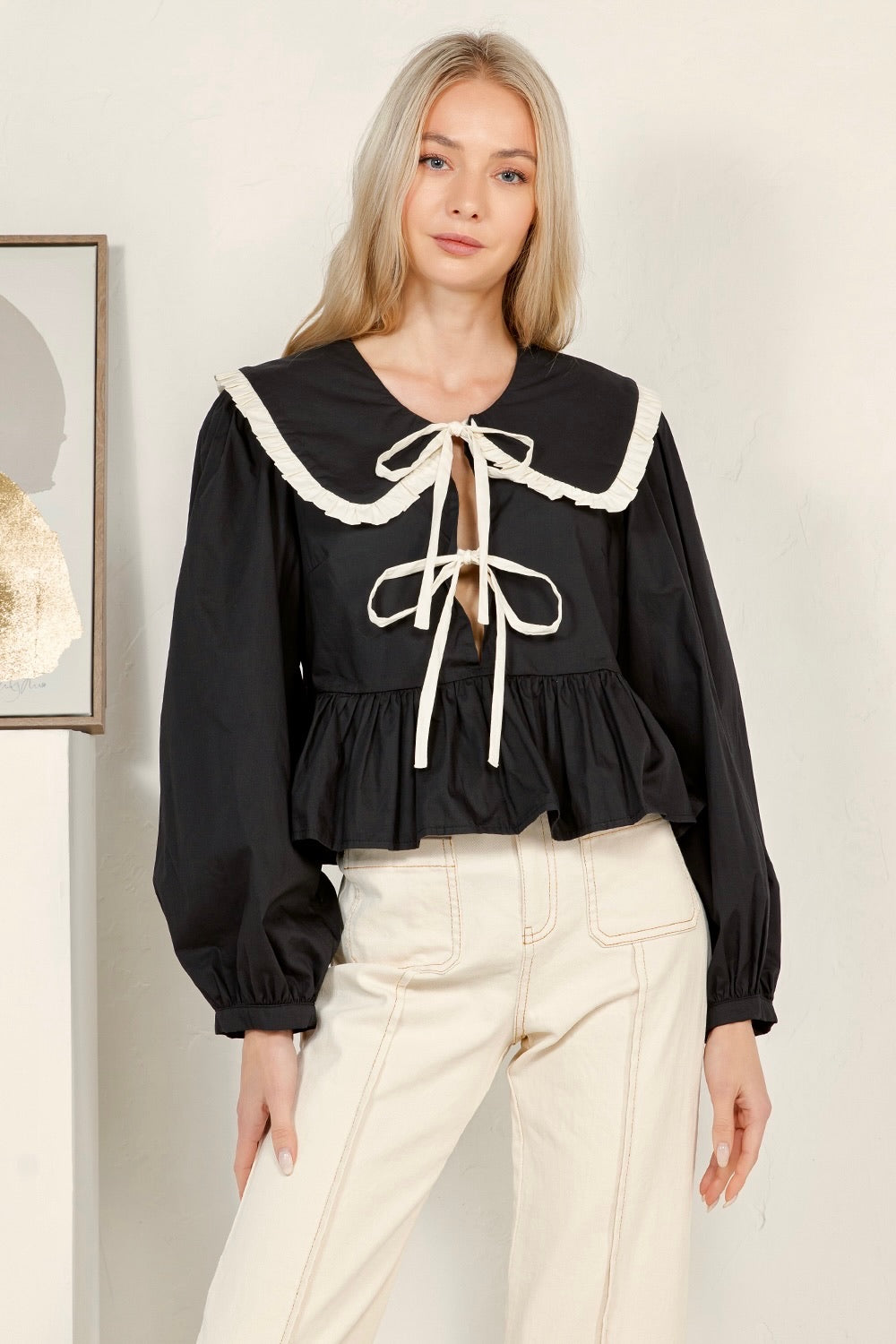 Contrast Ruffle Collar Tie Front Peplum Top RT123