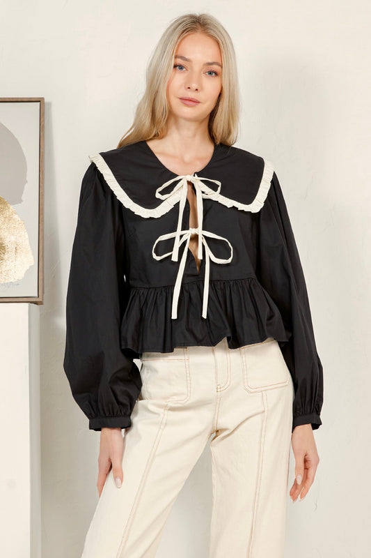 Contrast Ruffle Big Collar Tie Top