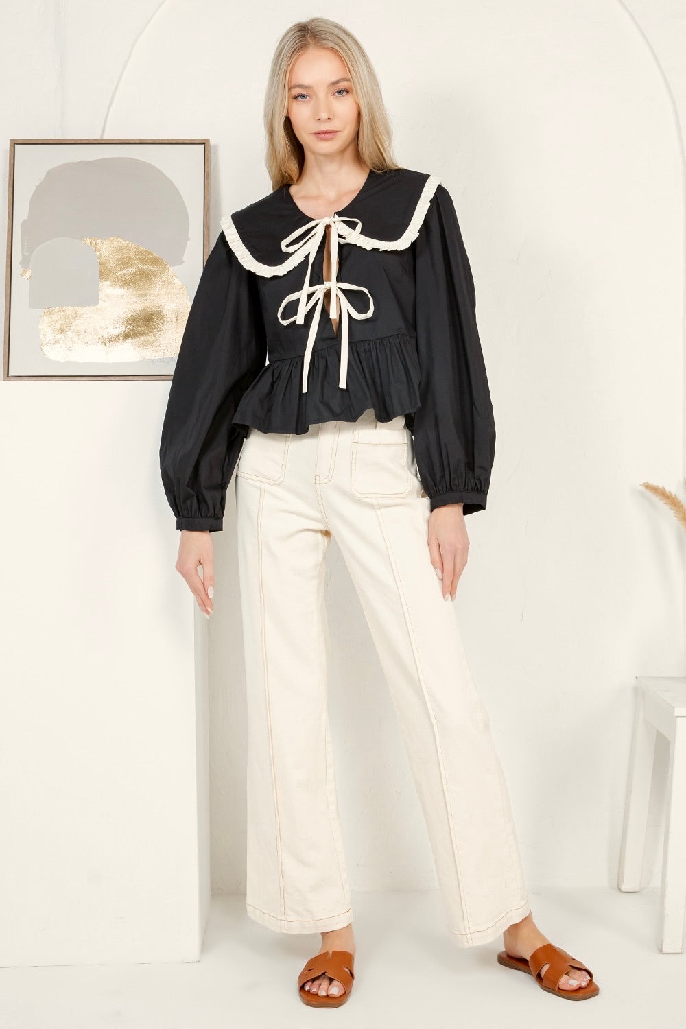 Contrast Ruffle Collar Tie Front Peplum Top RT123