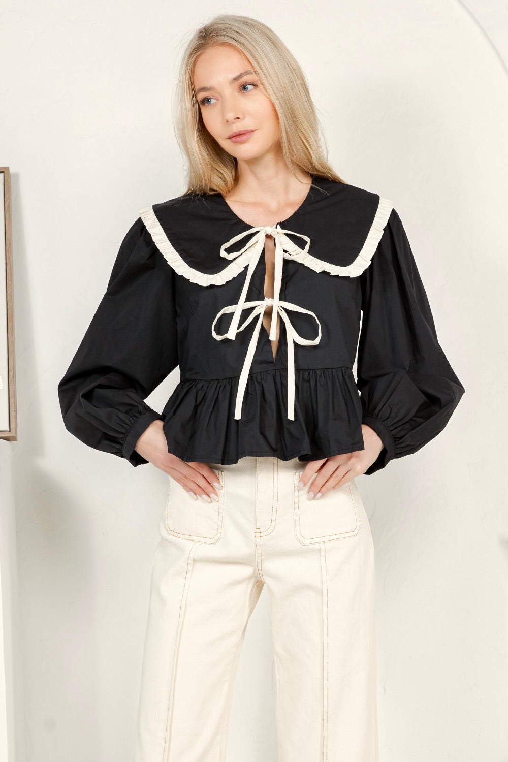 Contrast Ruffle Collar Tie Front Peplum Top RT123