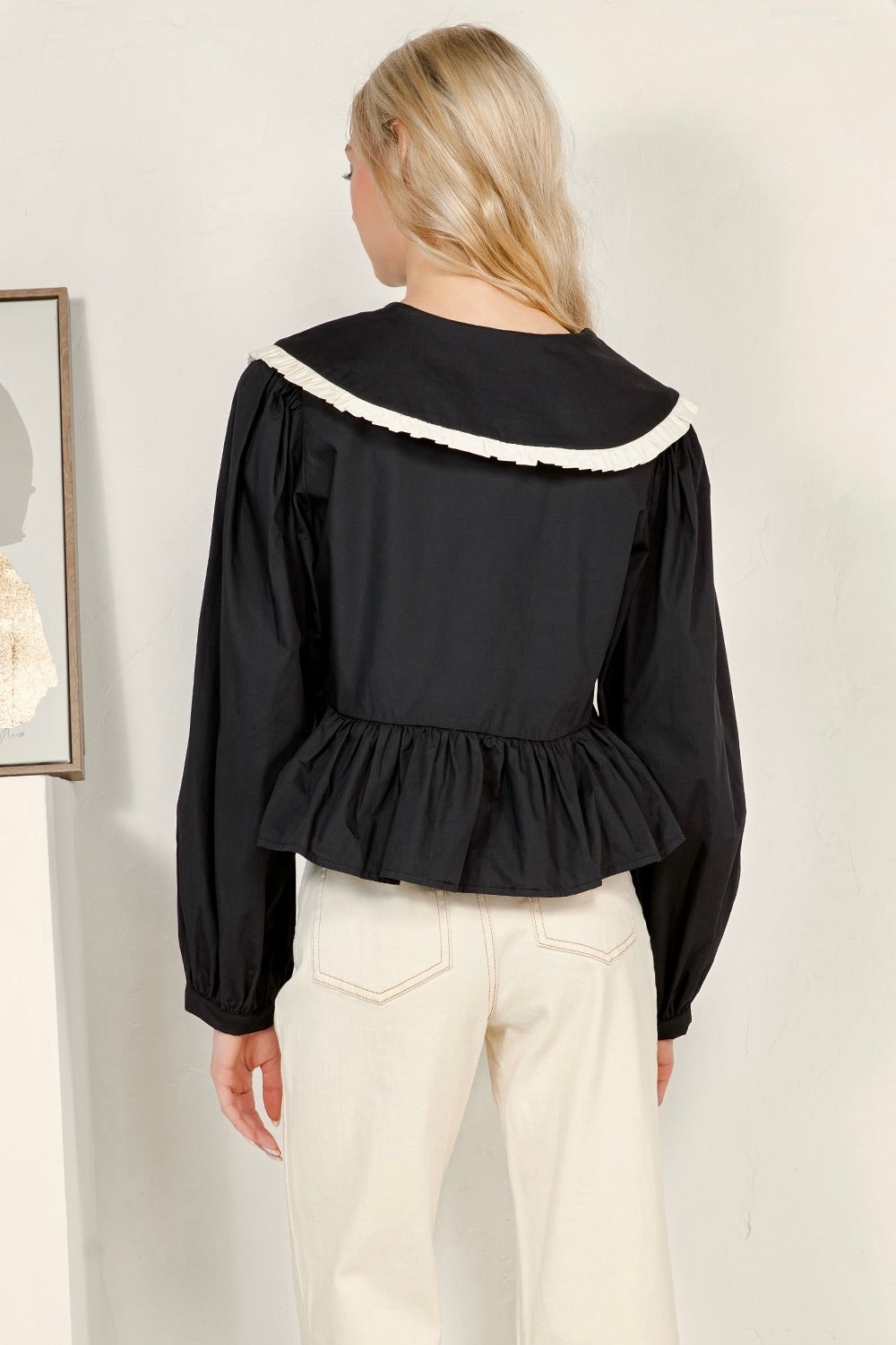 Contrast Ruffle Collar Tie Front Peplum Top RT123
