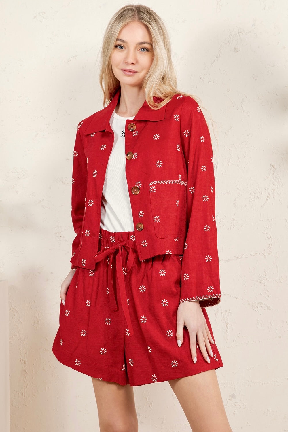 Red Patterned Cropped Button-Down Jacket RT142