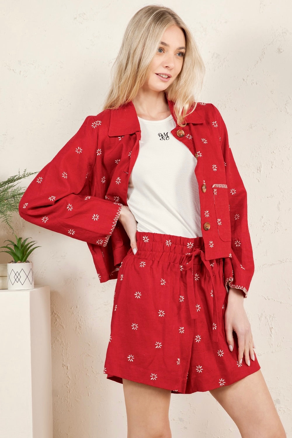 Red Patterned Cropped Button-Down Jacket RT142