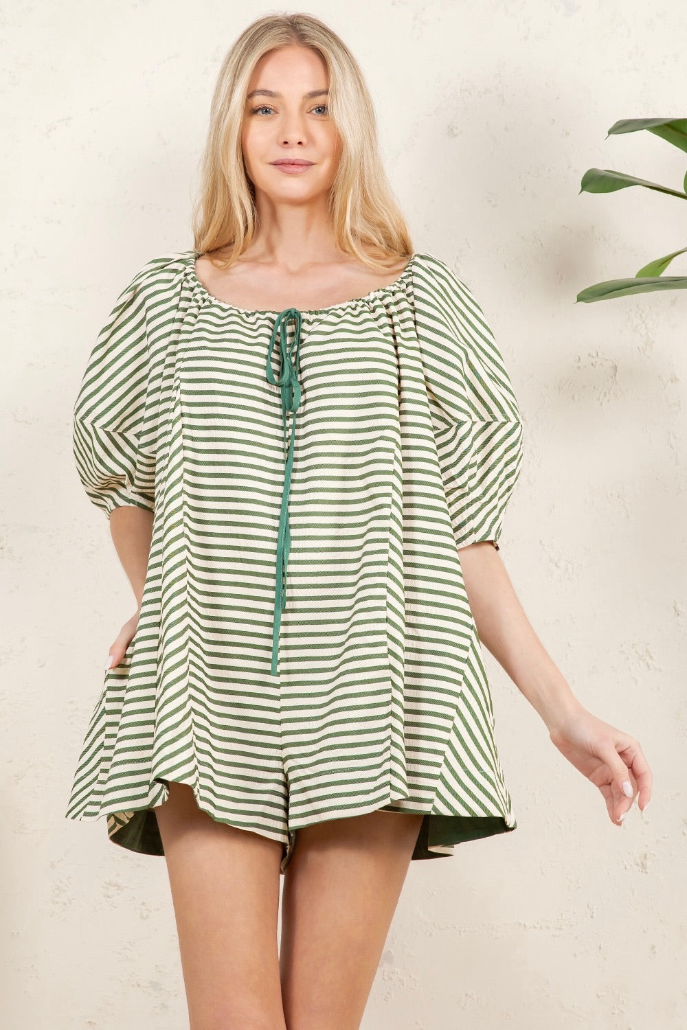 Striped Puff Sleeve Romper with Front Tie - Sage Green RP125