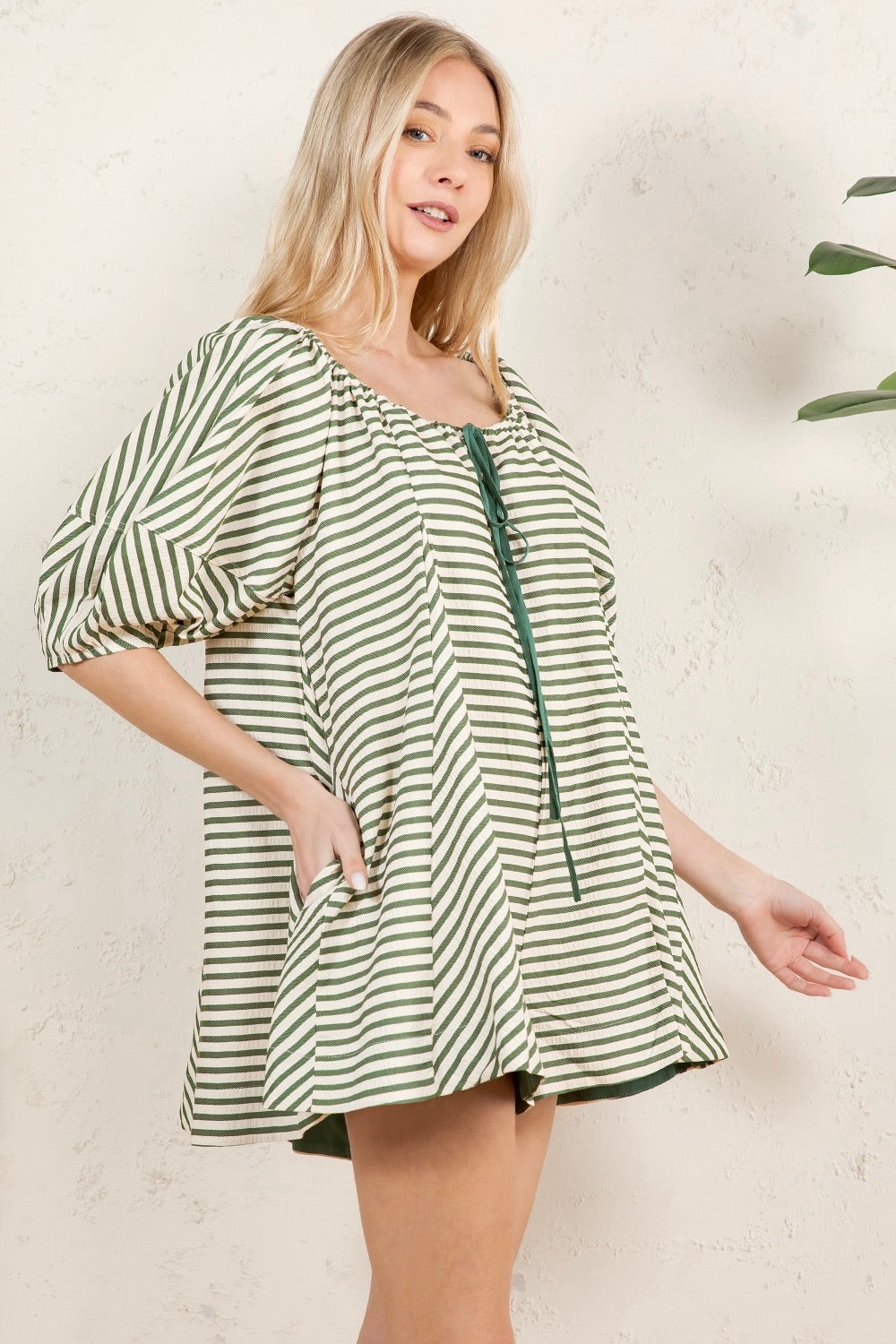 Striped Puff Sleeve Romper with Front Tie - Sage Green RP125