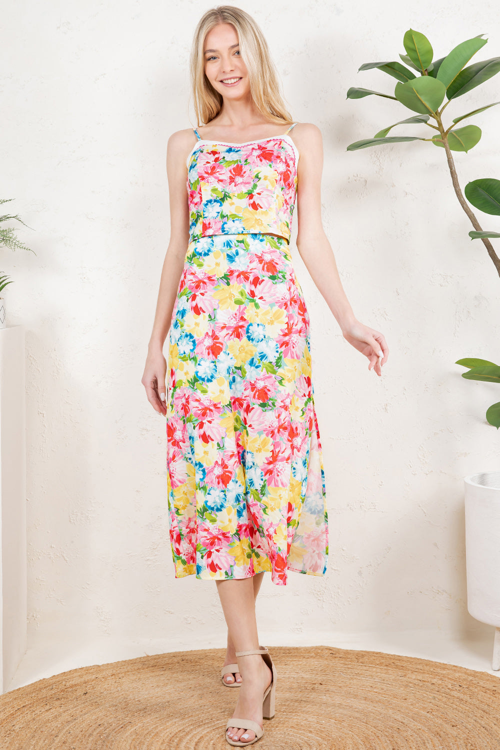 Vibrant Floral Cami Top & Side-Slit Midi Skirt Set RS104/RT109