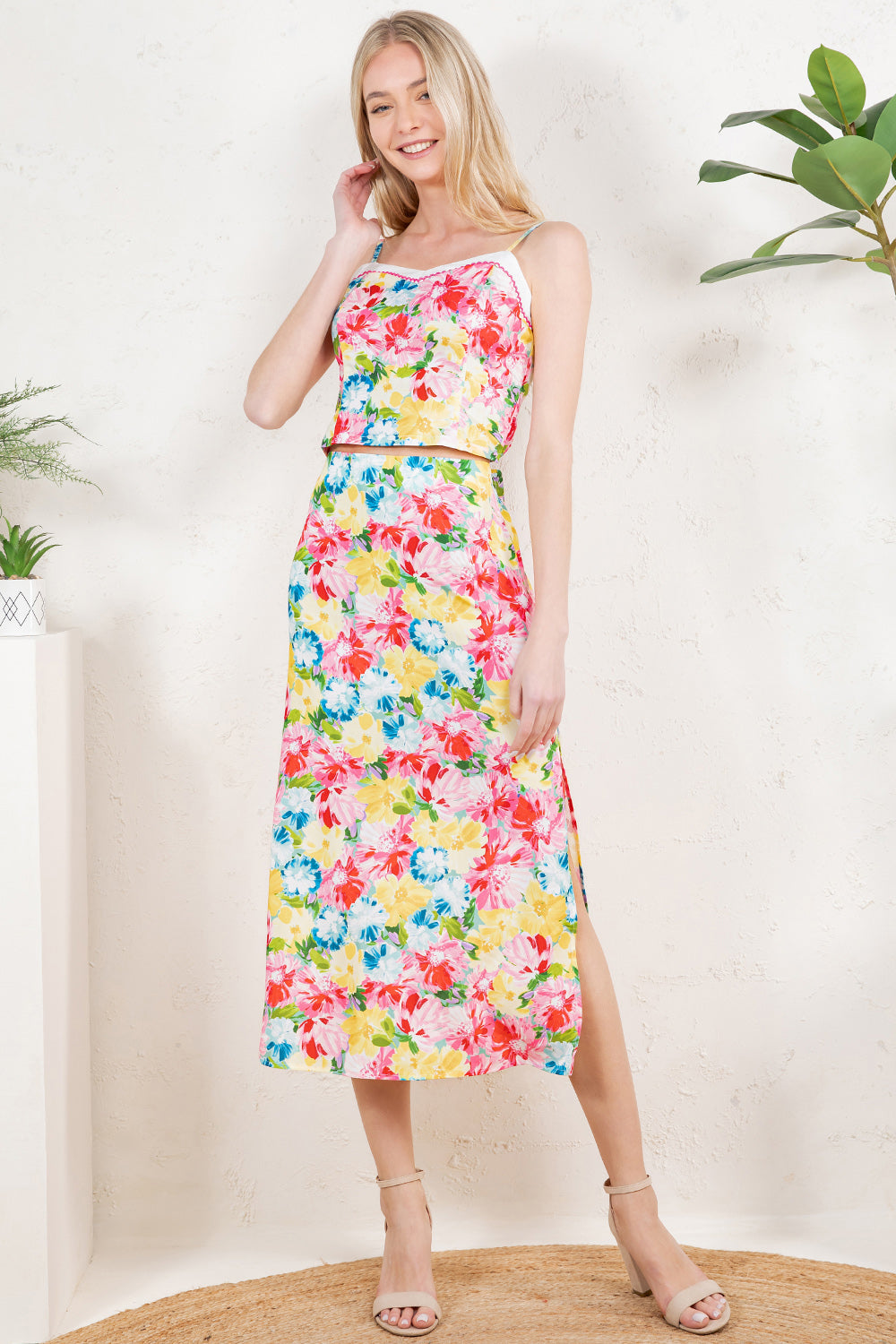 Vibrant Floral Cami Top & Side-Slit Midi Skirt Set RS104/RT109
