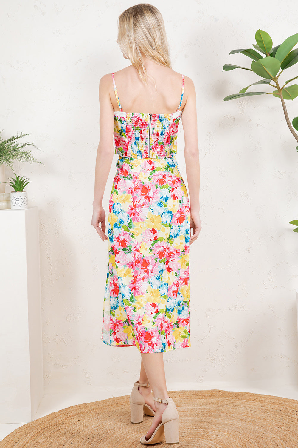 Vibrant Floral Cami Top & Side-Slit Midi Skirt Set RS104/RT109