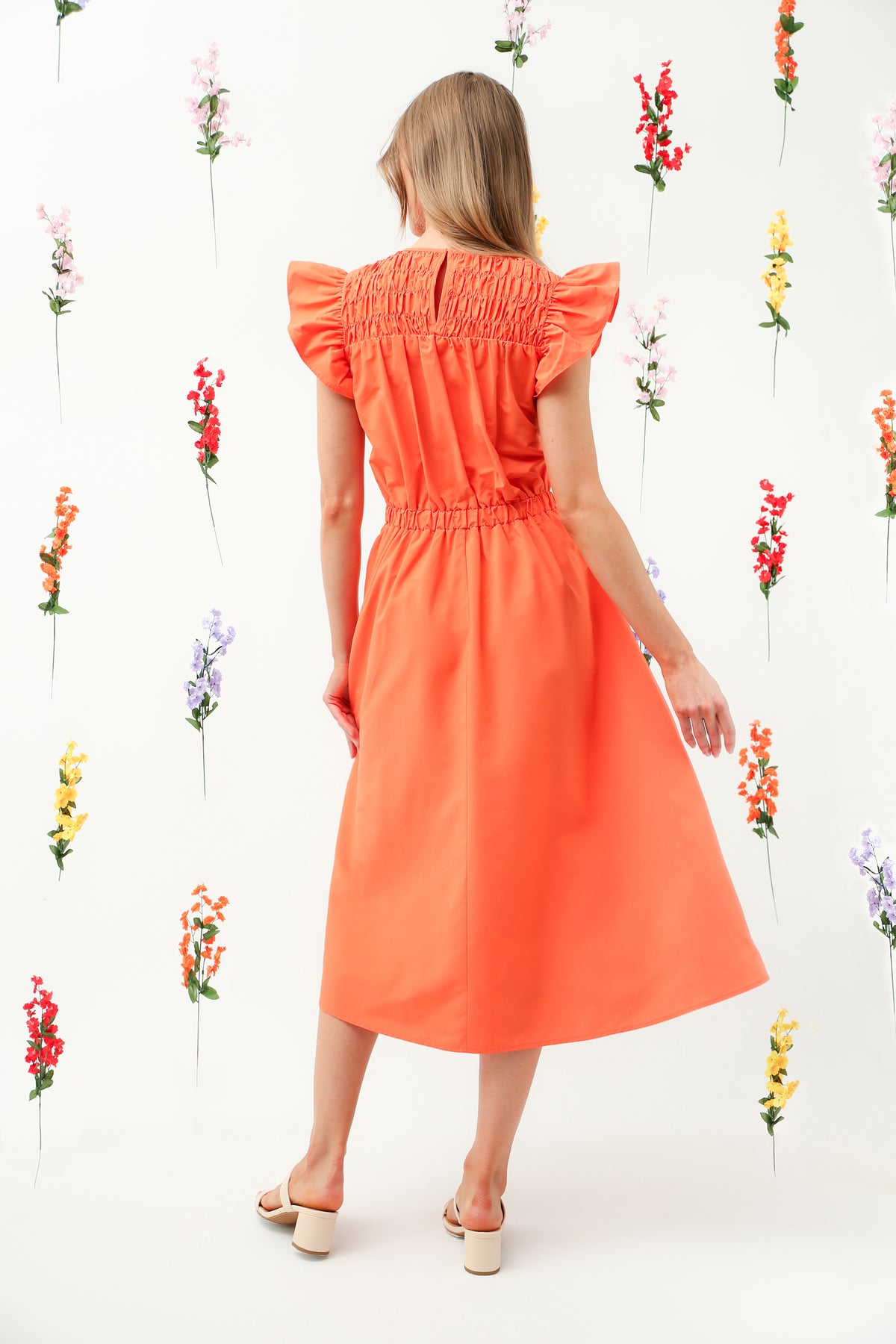 Orange Smocked Bodice Ruffle Sleeve Midi Dress REMI008