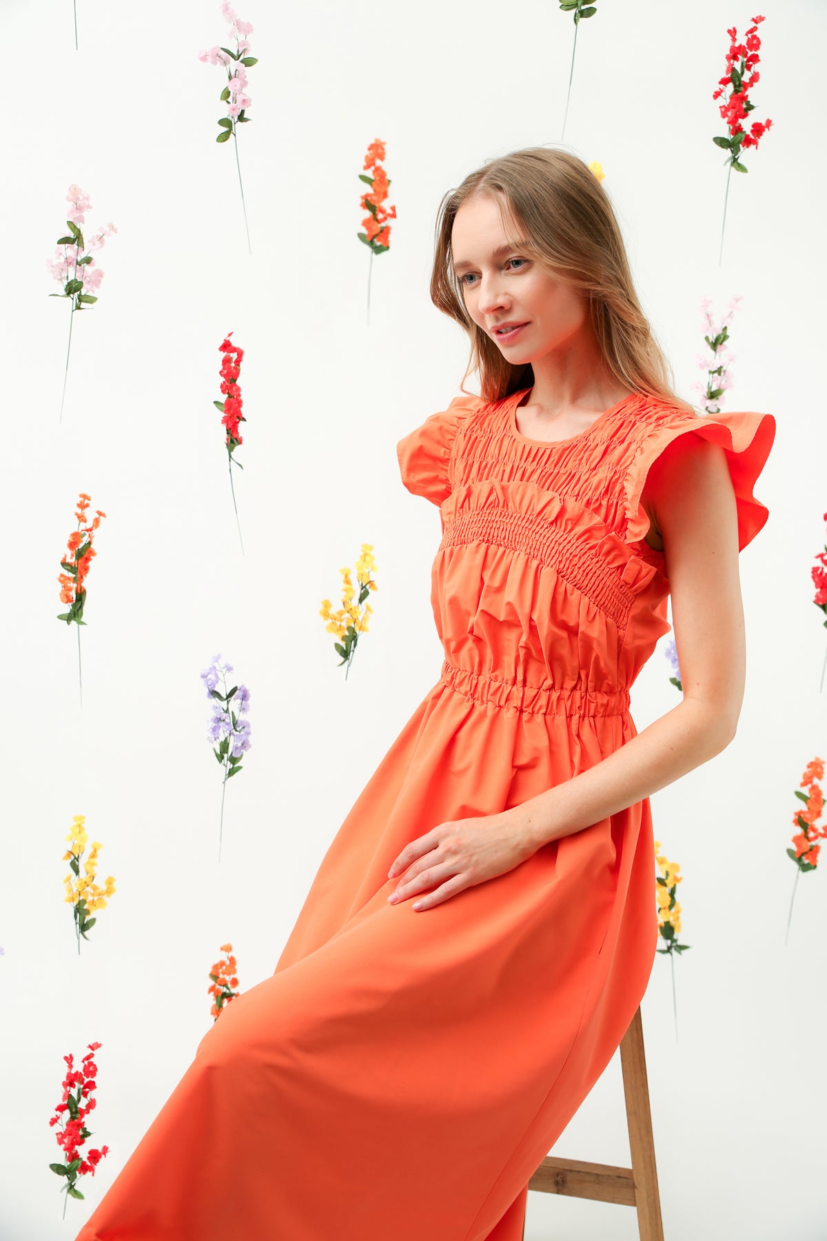 Orange Smocked Bodice Ruffle Sleeve Midi Dress REMI008