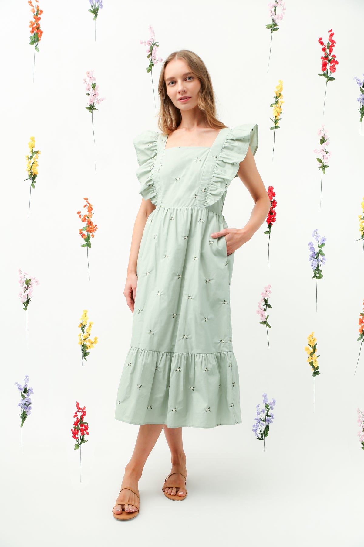 Floral Embroidered Ruffle Strap Tiered Midi Dress (Sage) REMI014