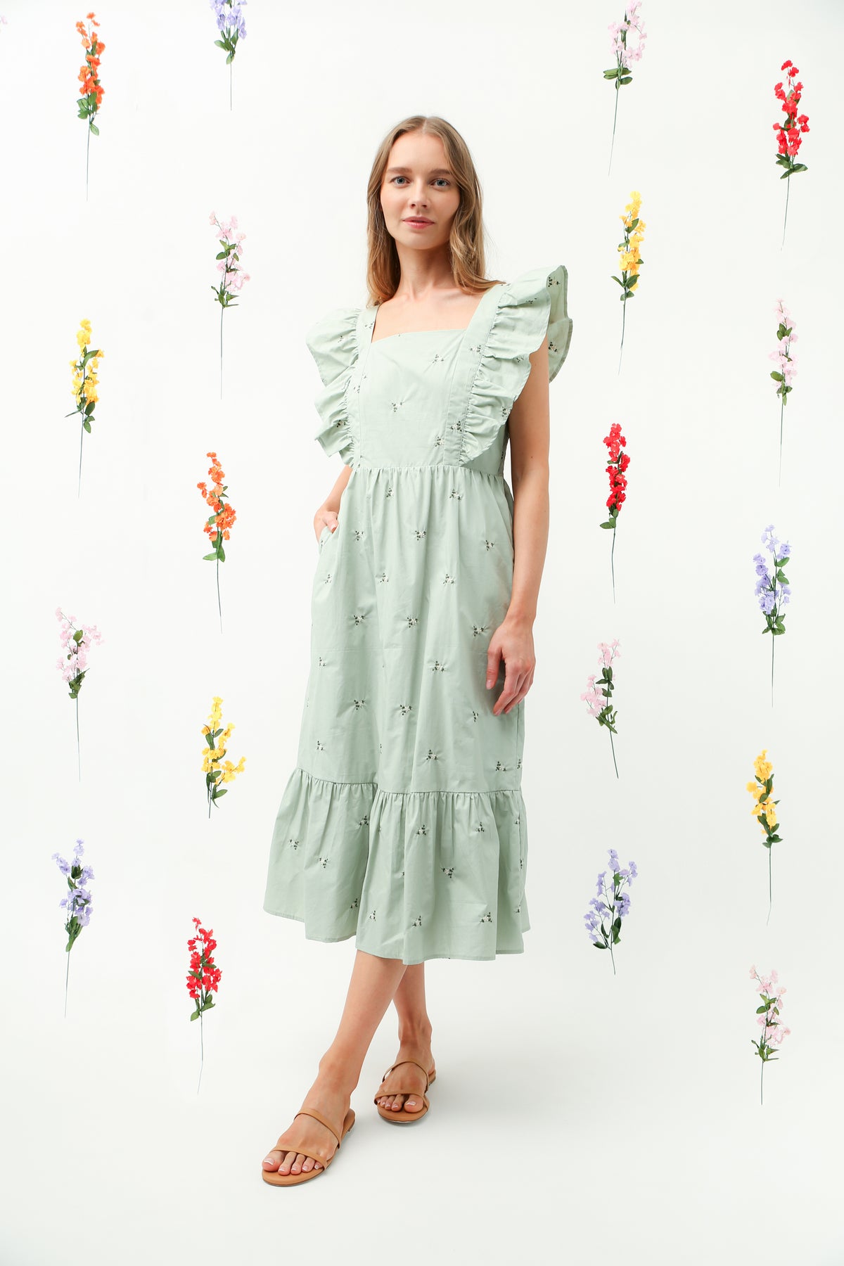 Floral Embroidered Ruffle Strap Tiered Midi Dress (Sage) REMI014