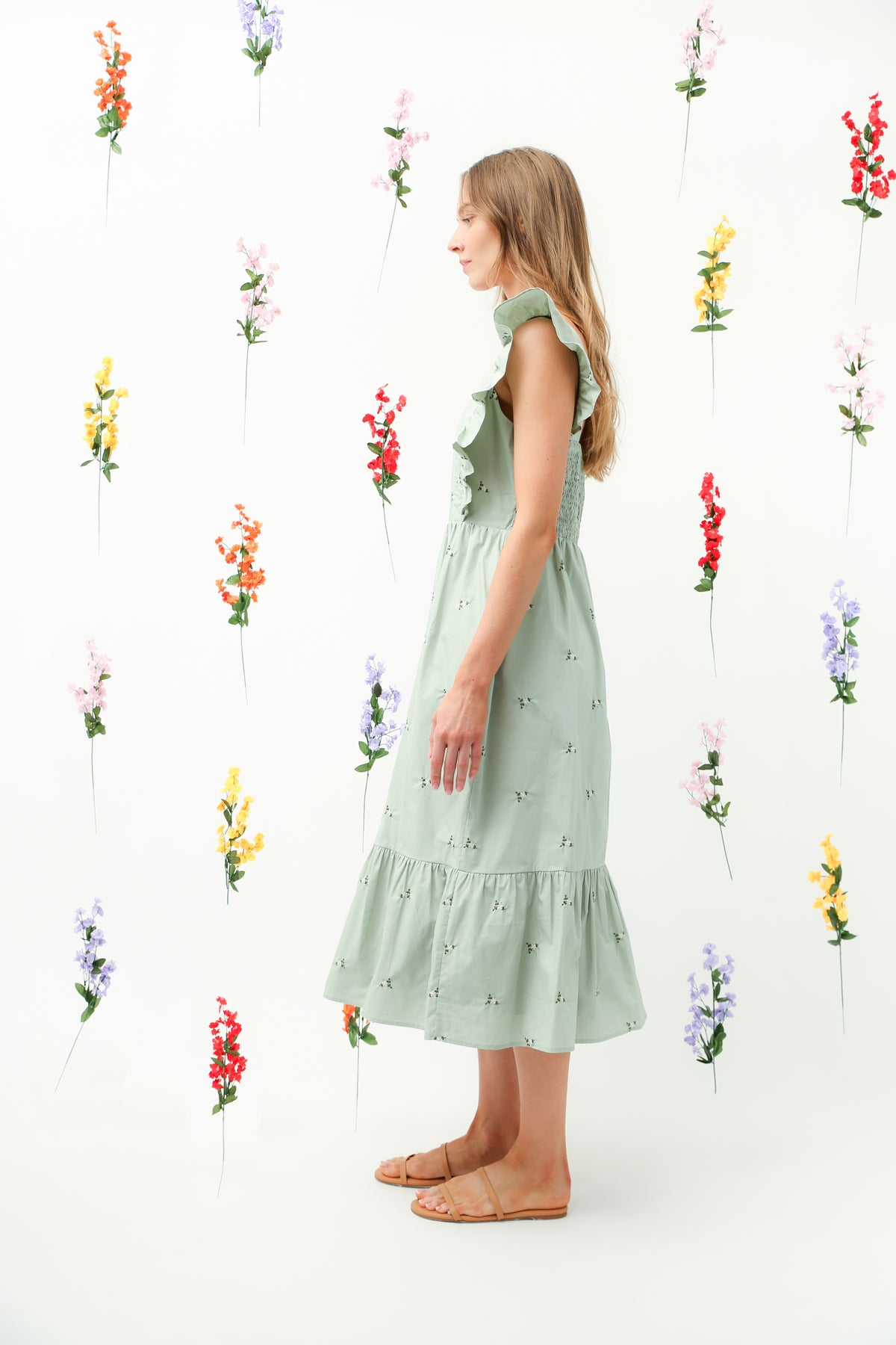 Floral Embroidered Ruffle Strap Tiered Midi Dress (Sage) REMI014