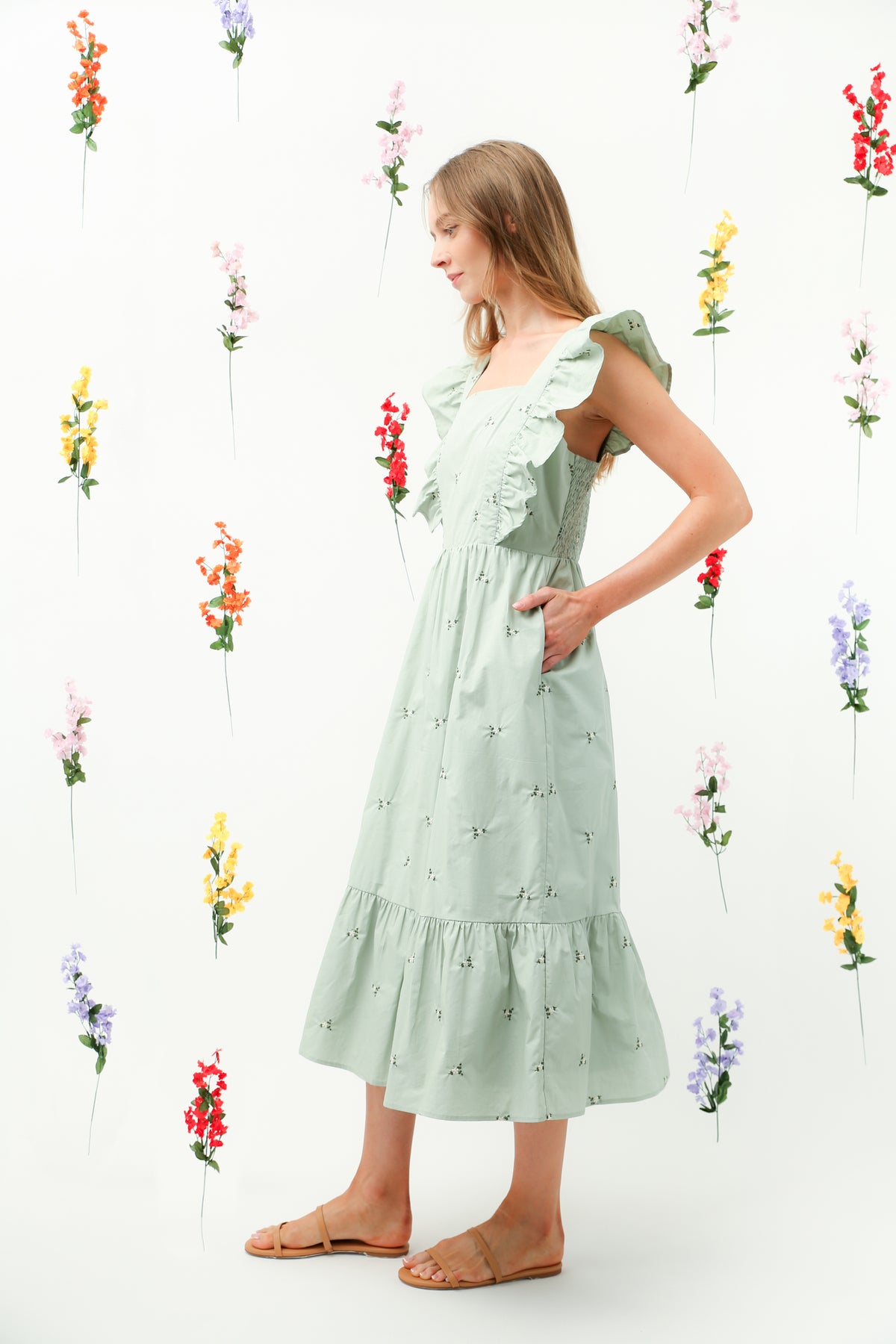 Floral Embroidered Ruffle Strap Tiered Midi Dress (Sage) REMI014