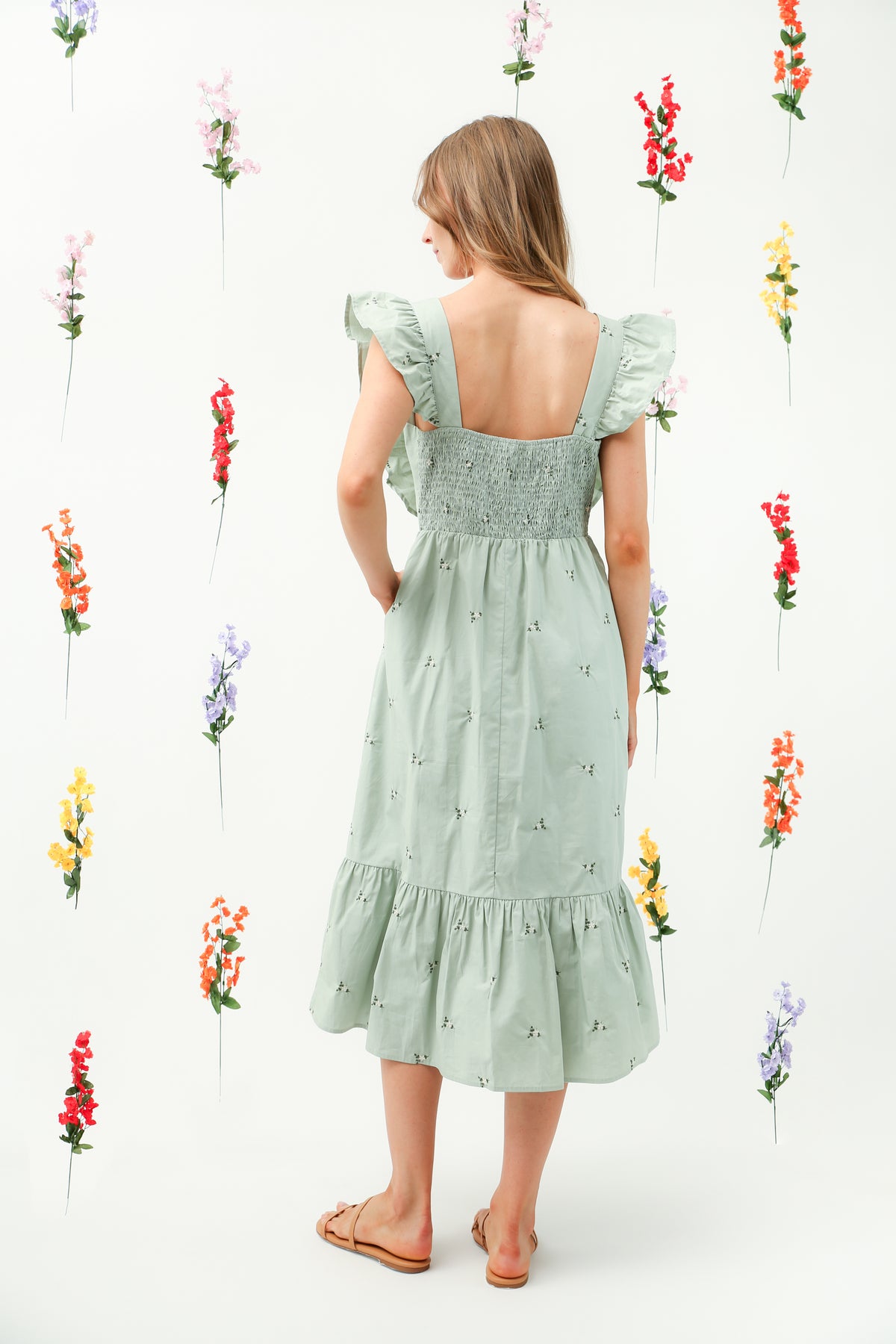 Floral Embroidered Ruffle Strap Tiered Midi Dress (Sage) REMI014
