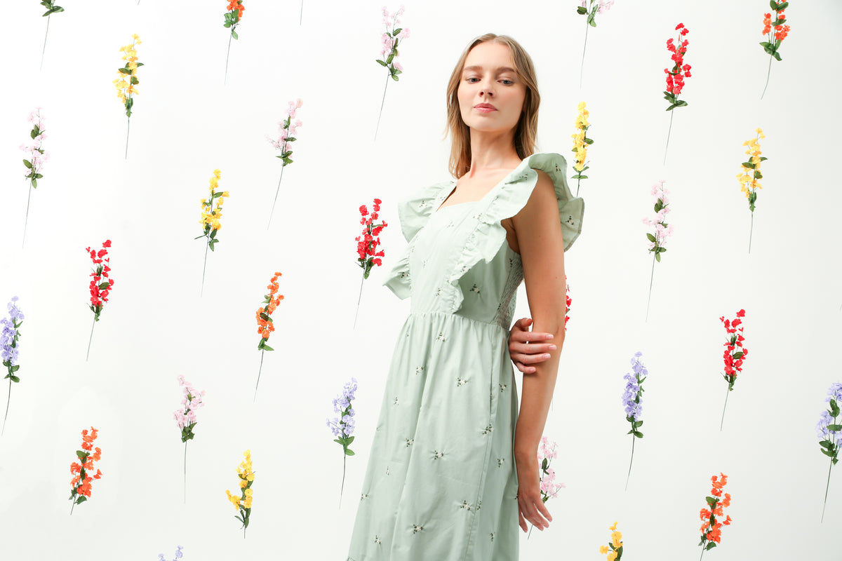 Floral Embroidered Ruffle Strap Tiered Midi Dress (Sage) REMI014