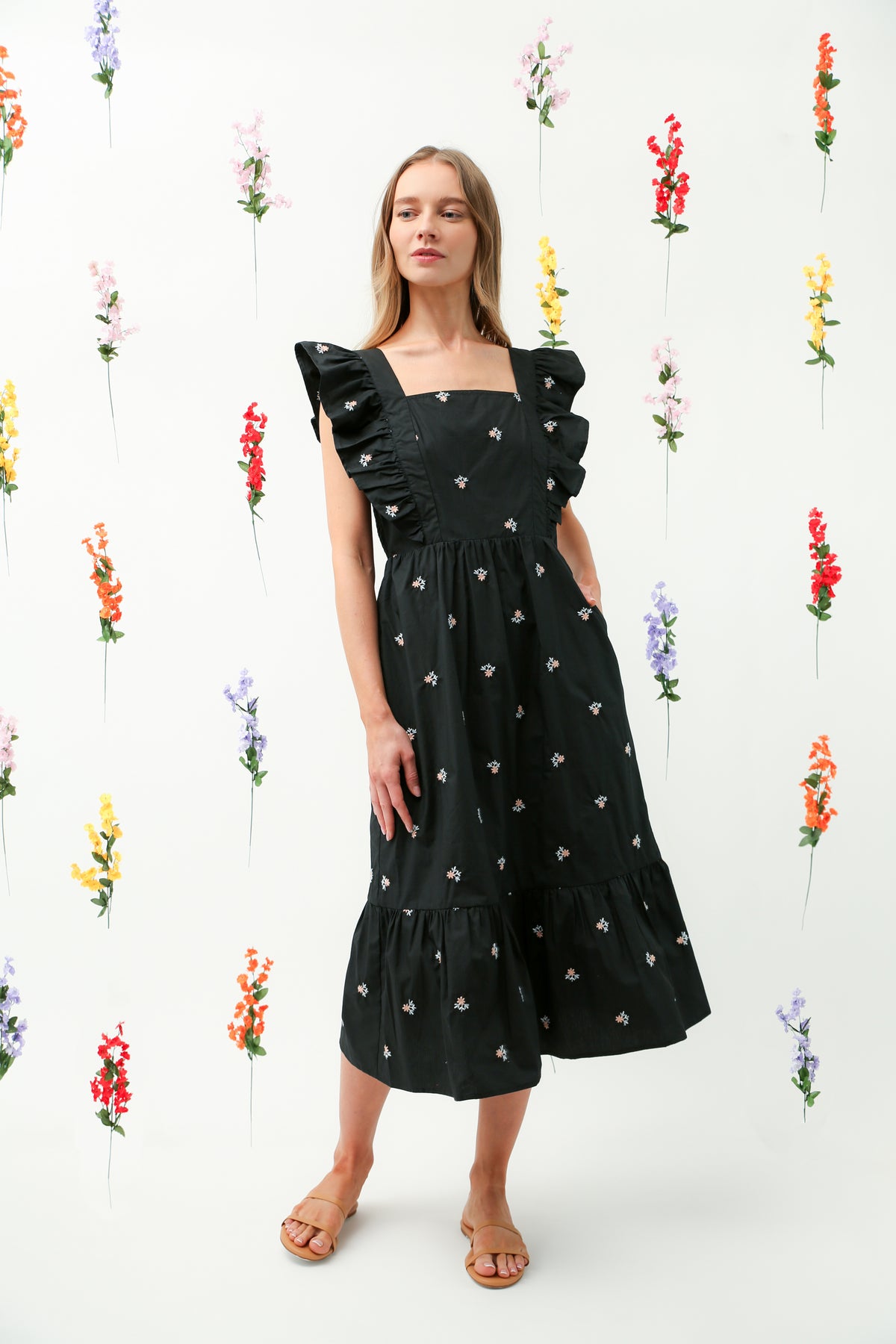 Floral Embroidered Ruffle Strap Tiered Midi Dress(Black) REMI014