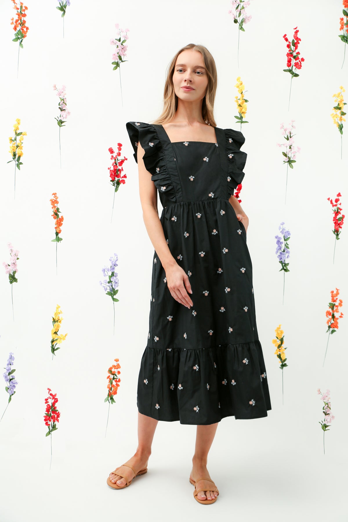 Floral Embroidered Ruffle Strap Tiered Midi Dress(Black) REMI014