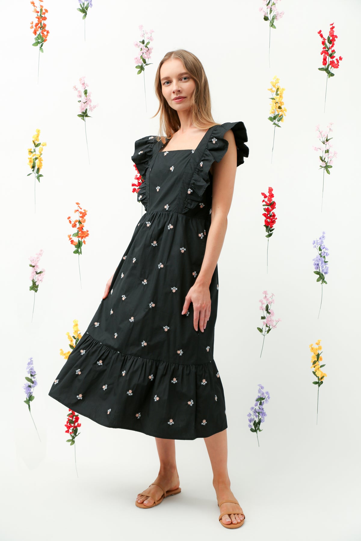 Floral Embroidered Ruffle Strap Tiered Midi Dress(Black) REMI014