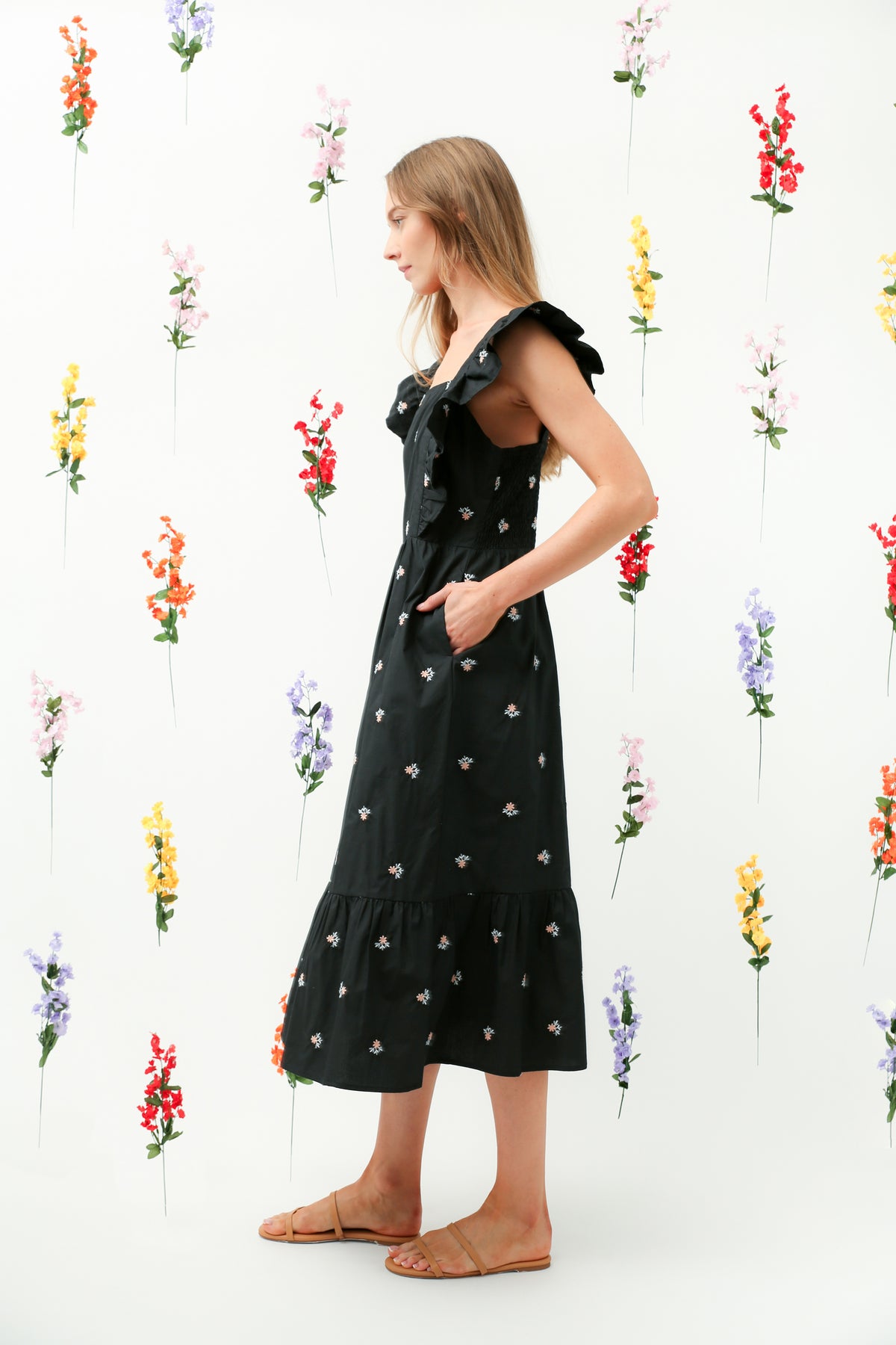Floral Embroidered Ruffle Strap Tiered Midi Dress(Black) REMI014