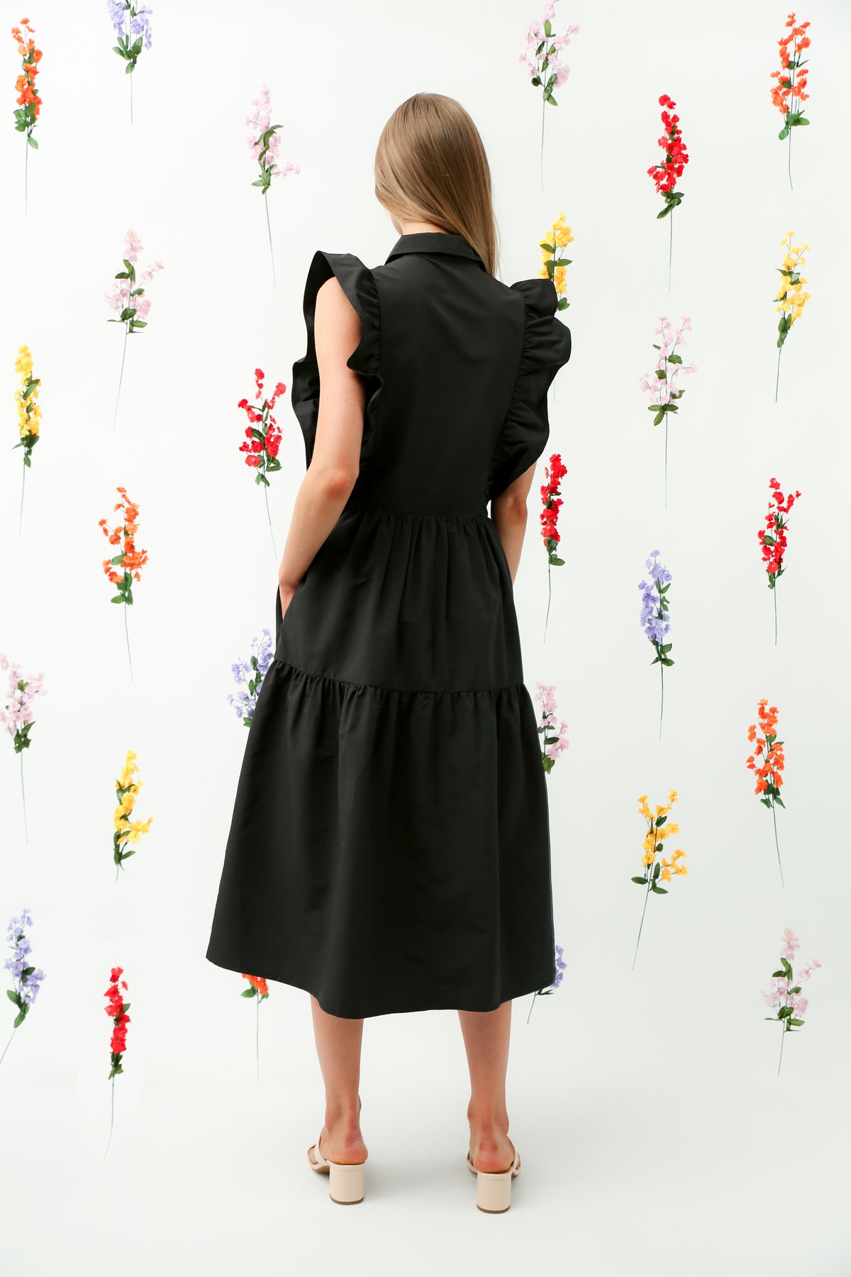 Ruffle Trim Button-Down Tiered Midi Dress REMI017