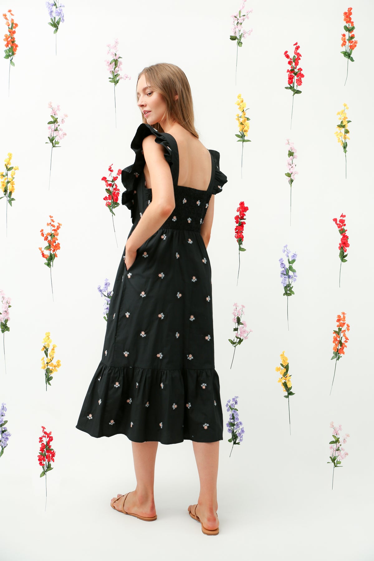 Floral Embroidered Ruffle Strap Tiered Midi Dress(Black) REMI014