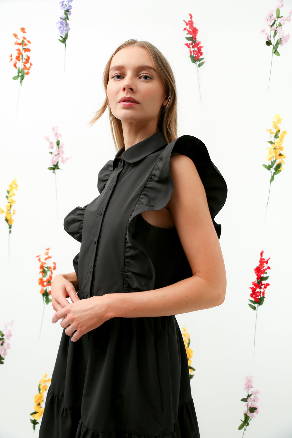 Ruffle Trim Button-Down Tiered Midi Dress REMI017