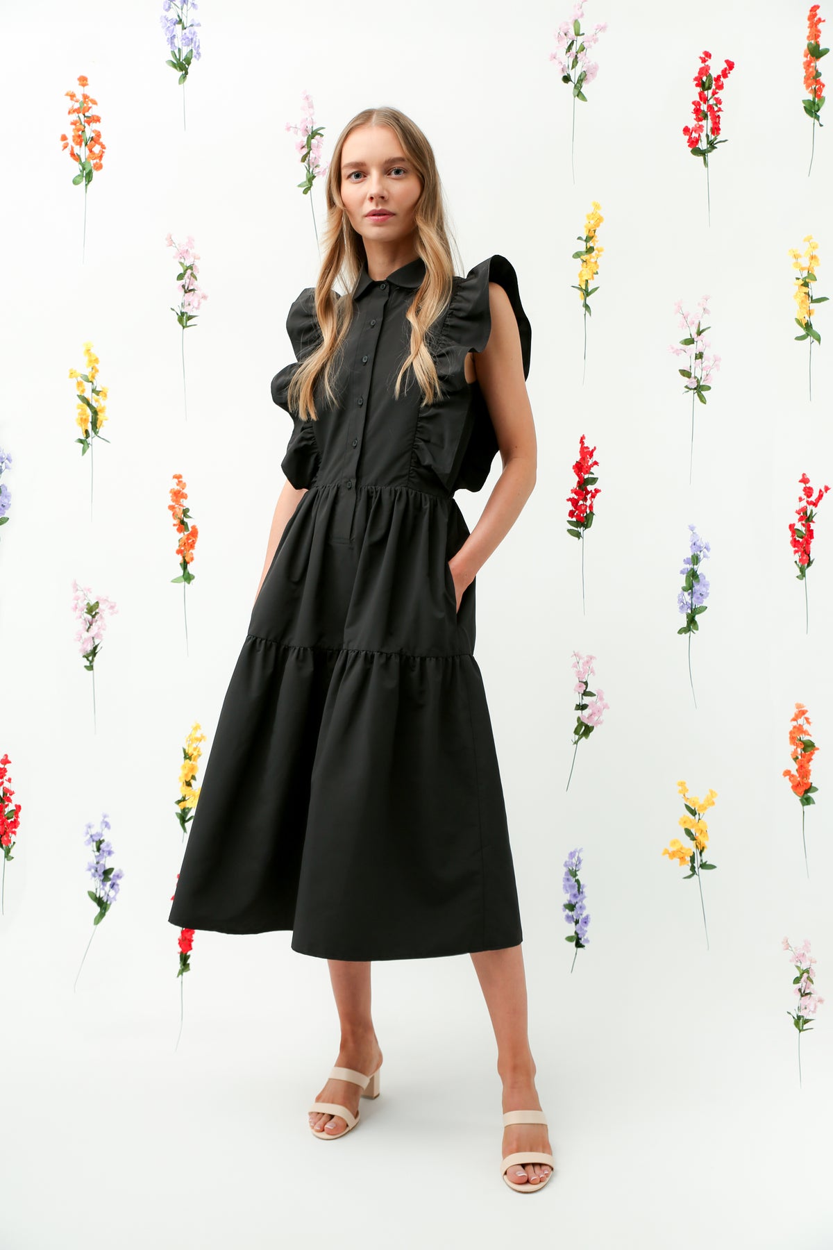 Ruffle Trim Button-Down Tiered Midi Dress REMI017