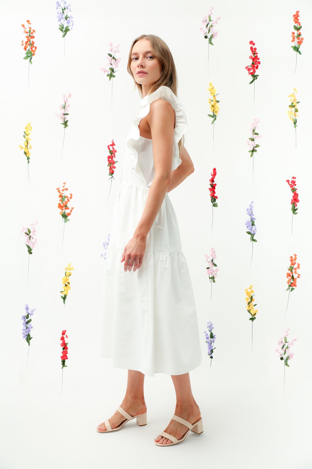 Ruffle Trim Button-Down Tiered Midi Dress REMI017