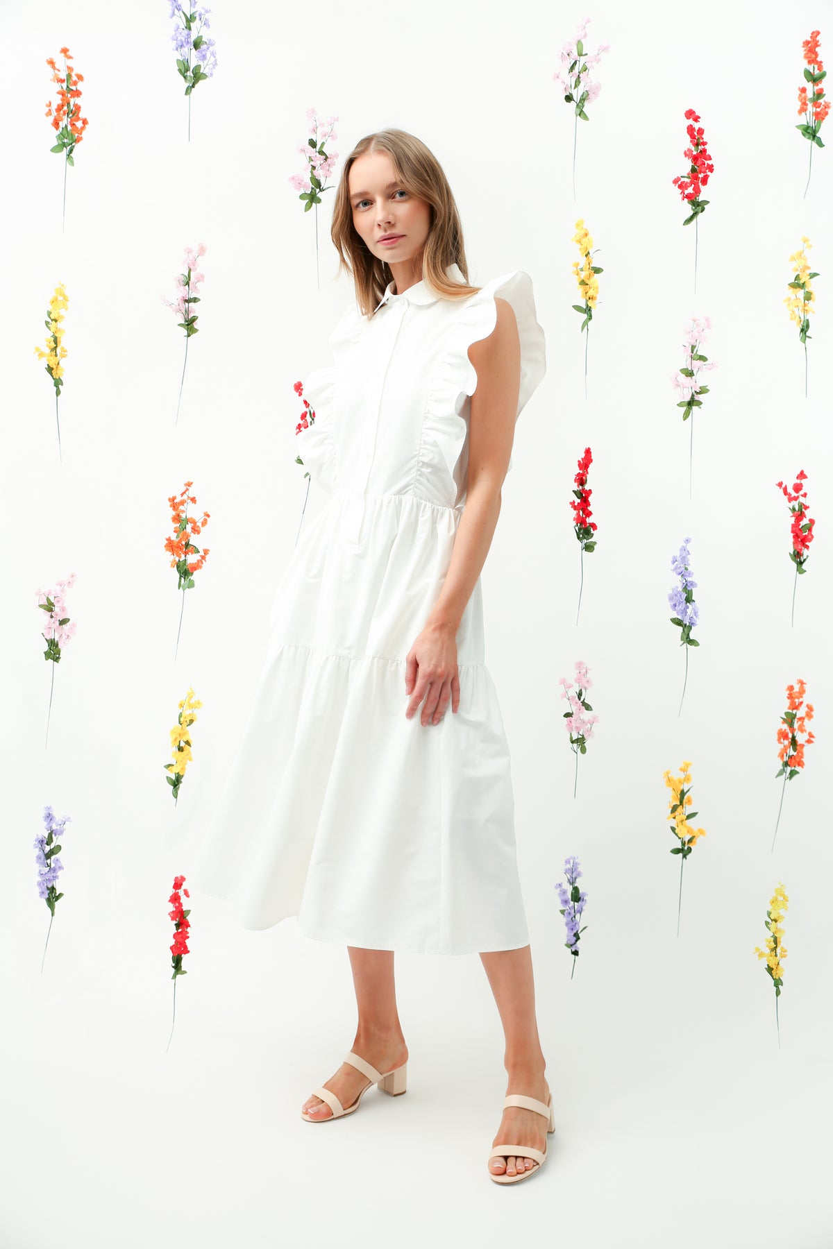 Ruffle Trim Button-Down Tiered Midi Dress REMI017