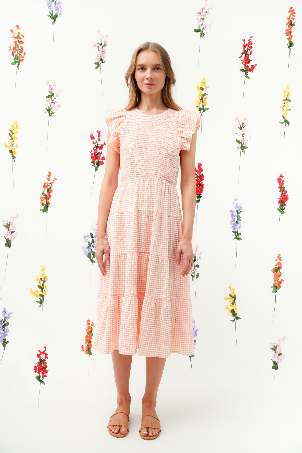Smocked Bodice Ruffle Tiered Midi Dress REMI010