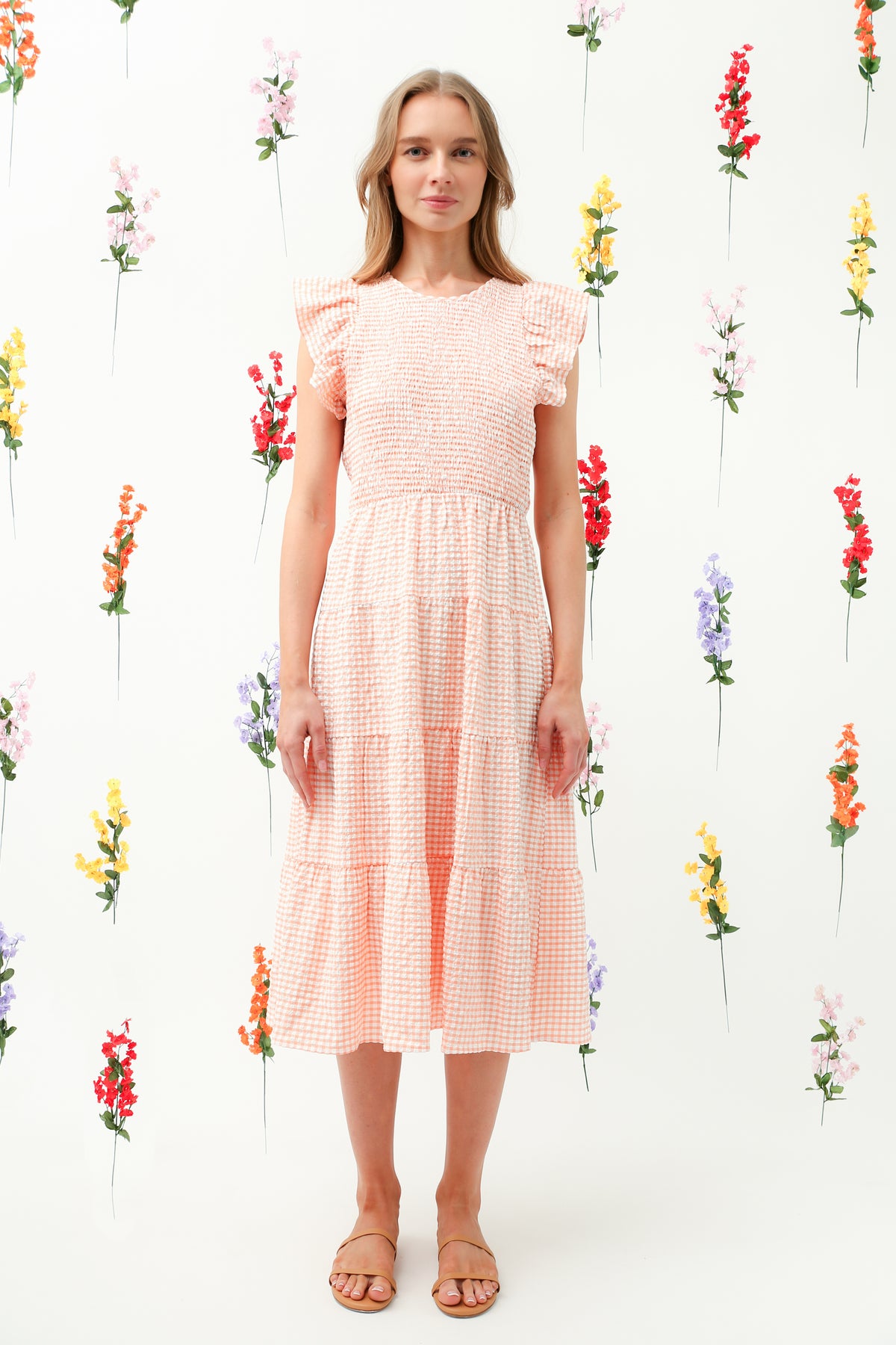 Smocked Bodice Ruffle Tiered Midi Dress REMI010