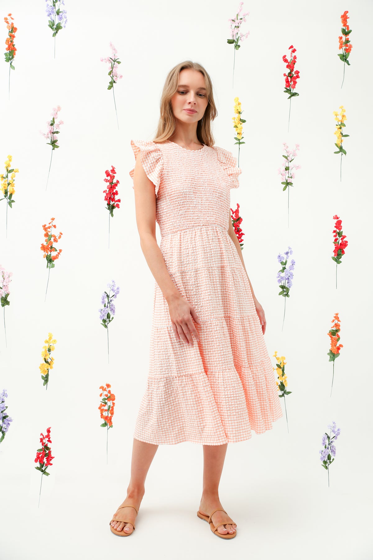 Smocked Bodice Ruffle Tiered Midi Dress REMI010
