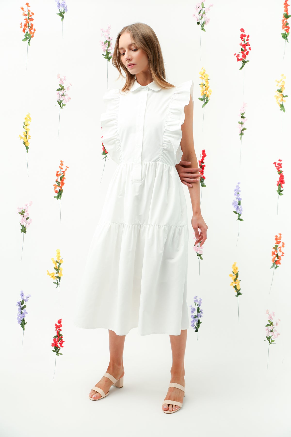 Ruffle Trim Button-Down Tiered Midi Dress REMI017